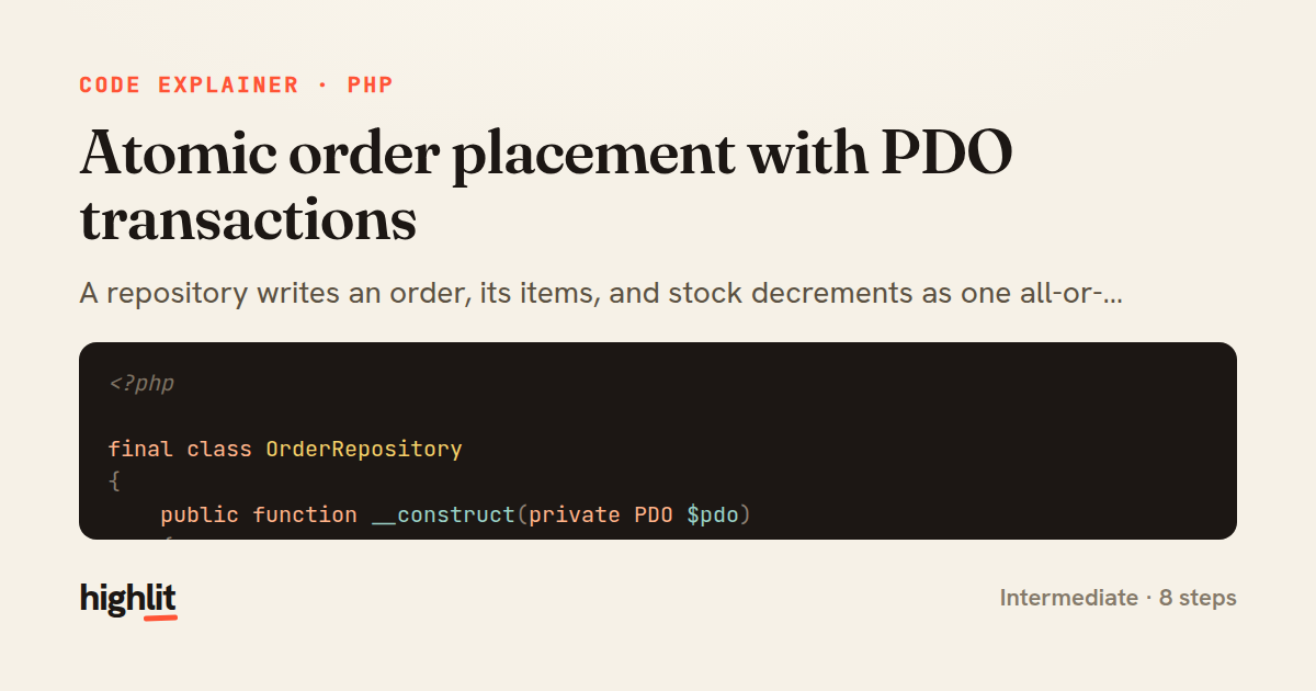 Atomic order placement with PDO transactions — share card
