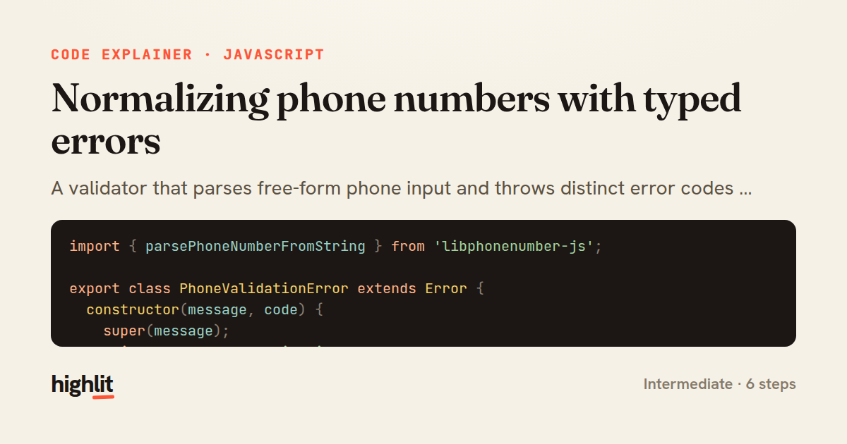 Normalizing phone numbers with typed errors — share card