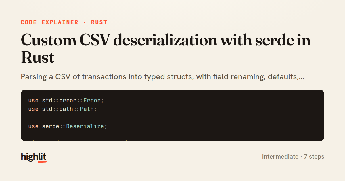 Custom CSV deserialization with serde in Rust — share card