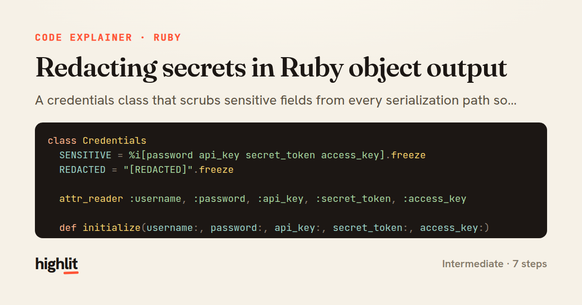 Redacting secrets in Ruby object output — share card
