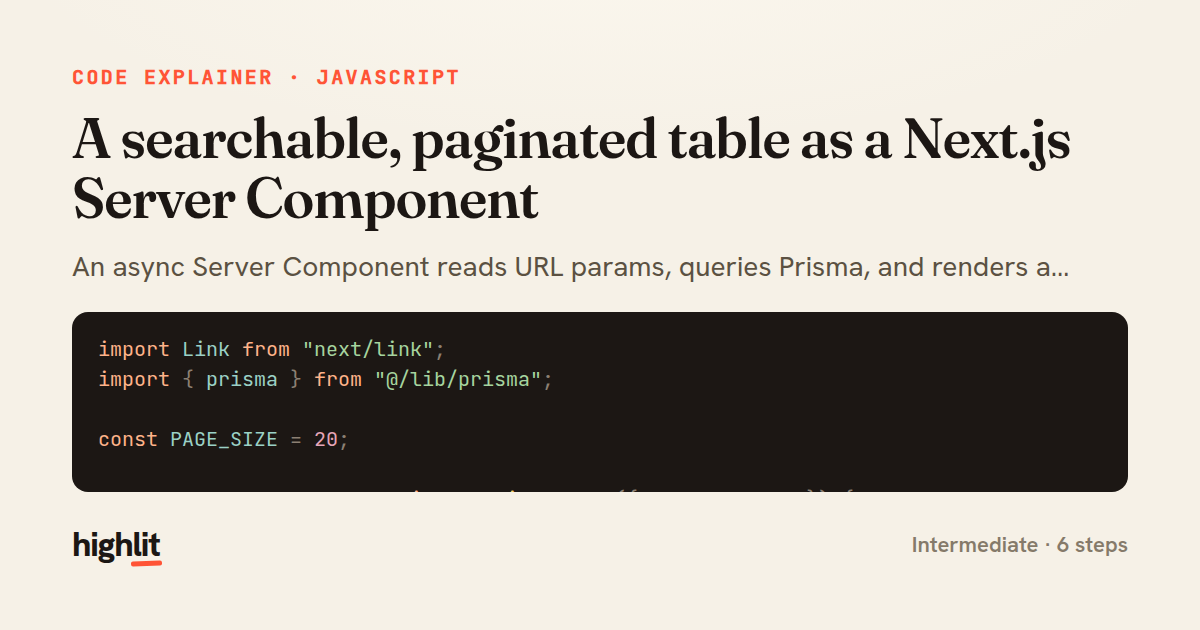 A searchable, paginated table as a Next.js Server Component — share card