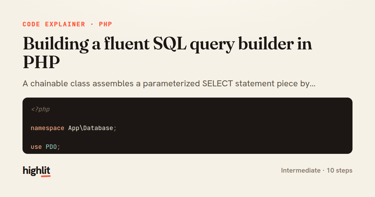 Building a fluent SQL query builder in PHP — share card