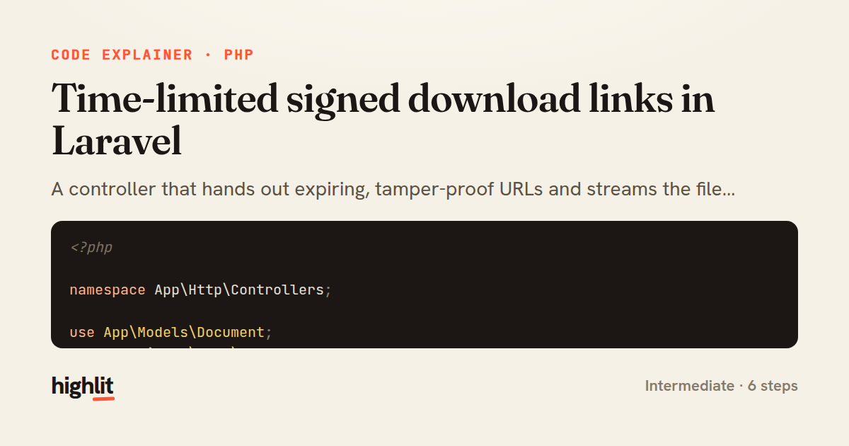 Time-limited signed download links in Laravel — share card