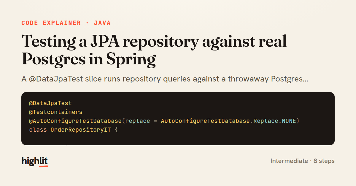 Testing a JPA repository against real Postgres in Spring — share card