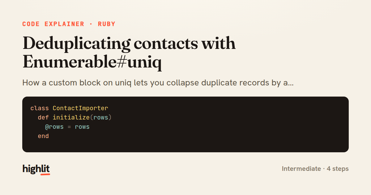 Deduplicating contacts with Enumerable#uniq — share card