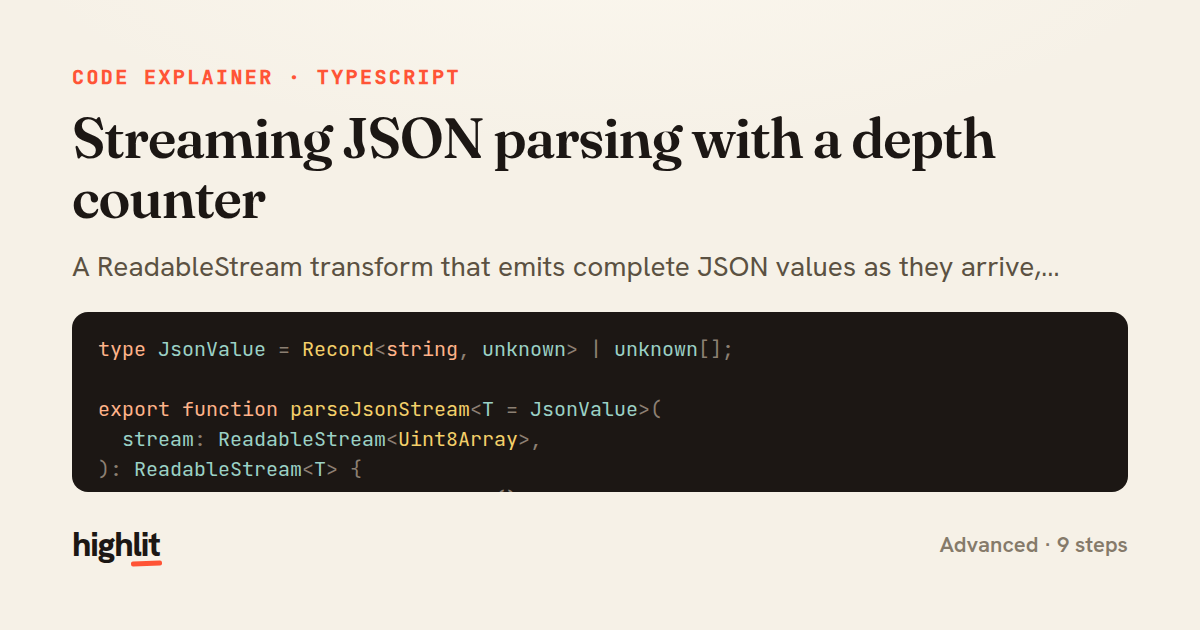 Streaming JSON parsing with a depth counter — share card