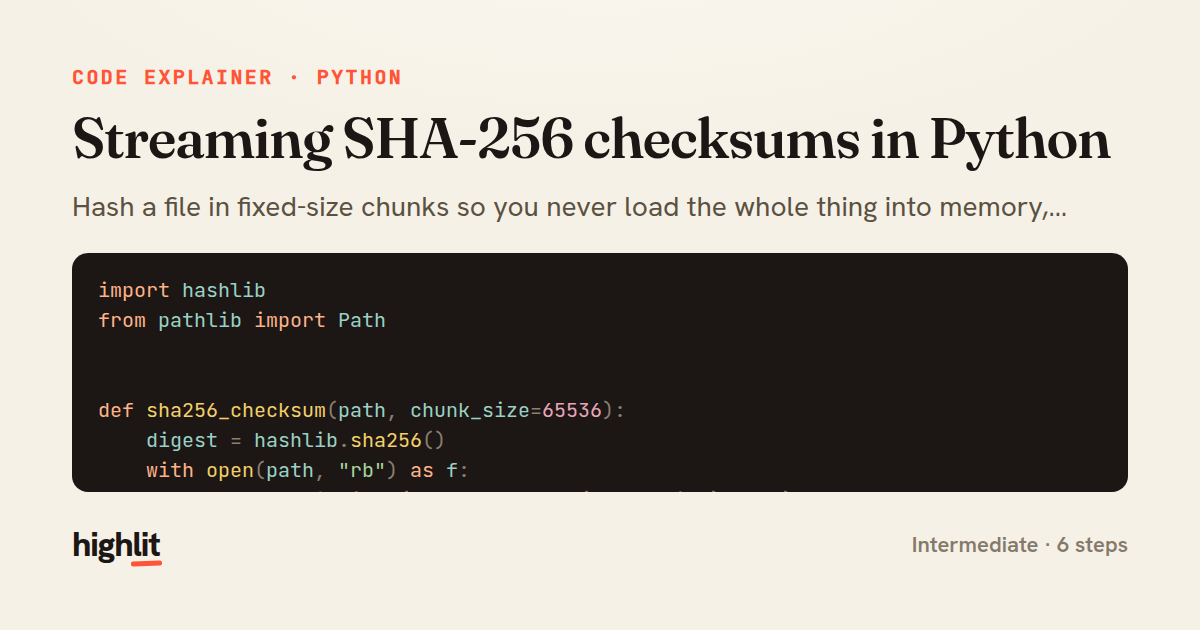 Streaming SHA-256 checksums in Python — share card