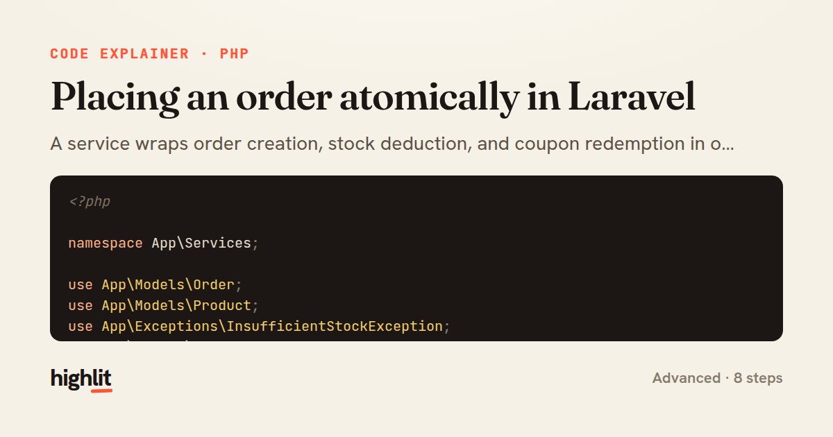 Placing an order atomically in Laravel — share card