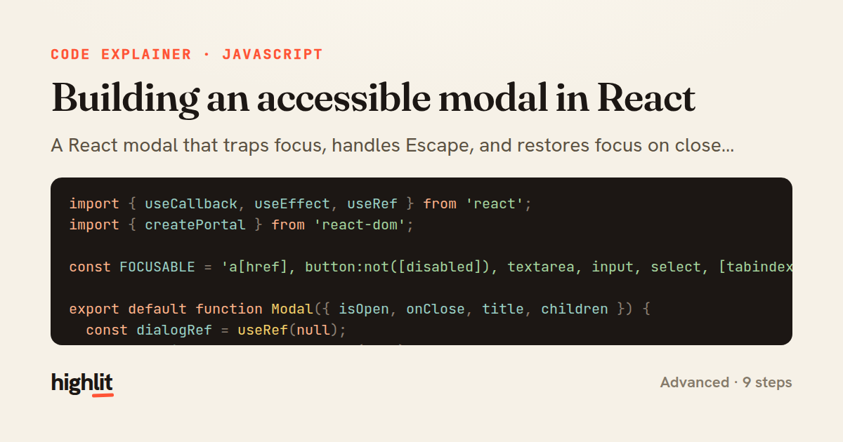 Building an accessible modal in React — share card