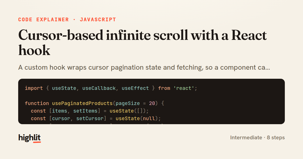 Cursor-based infinite scroll with a React hook — share card