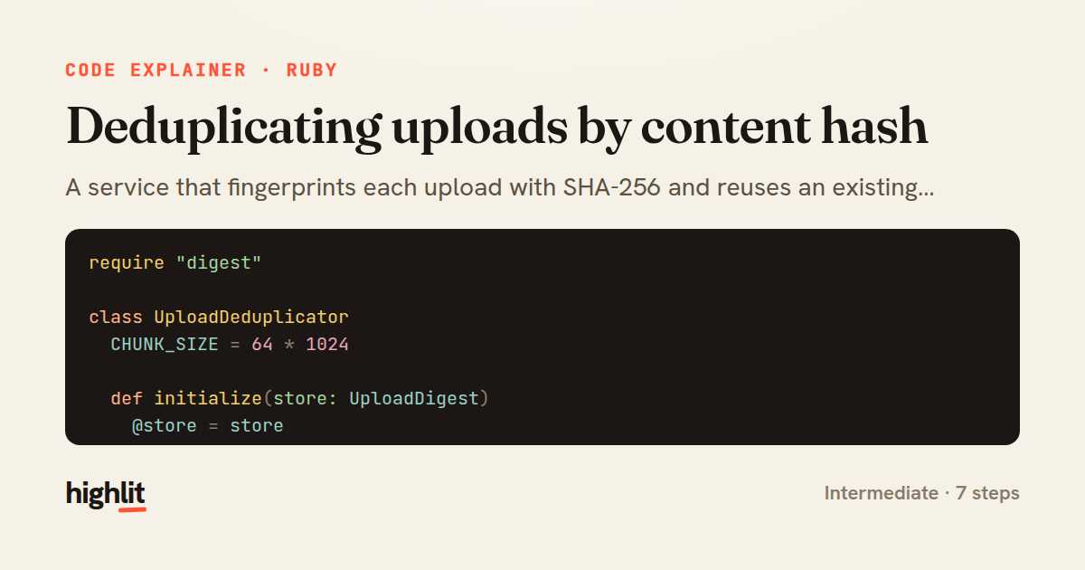 Deduplicating uploads by content hash — share card