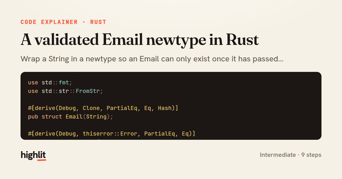 A validated Email newtype in Rust — share card