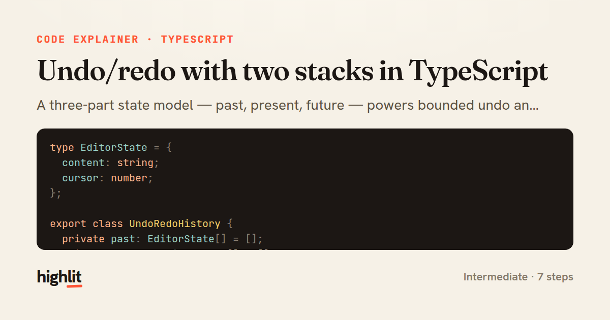 Undo/redo with two stacks in TypeScript — share card