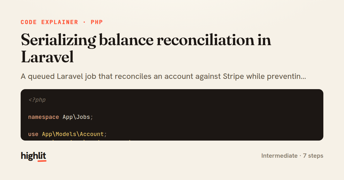 Serializing balance reconciliation in Laravel — share card