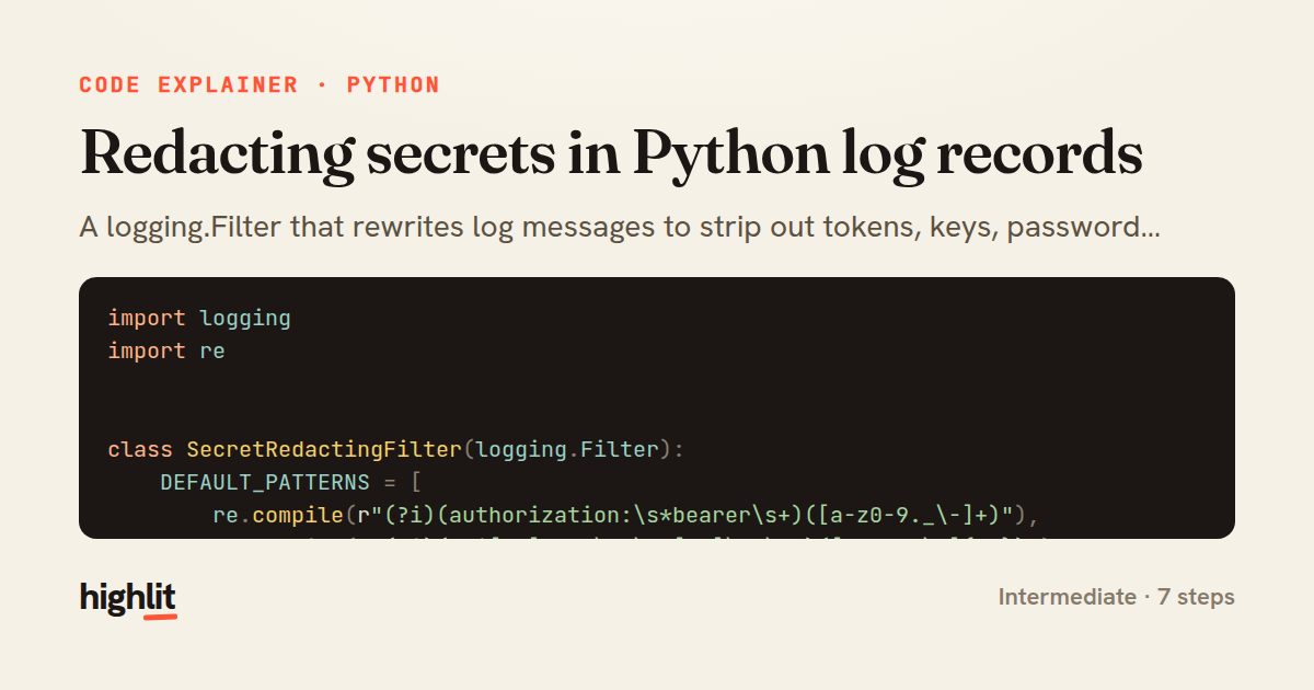 Redacting secrets in Python log records — share card