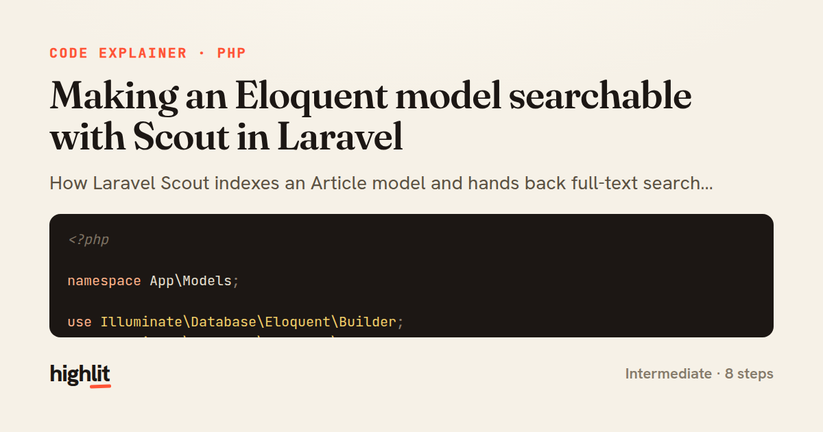 Making an Eloquent model searchable with Scout in Laravel — share card