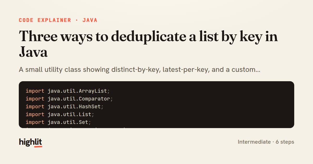 Three ways to deduplicate a list by key in Java — share card