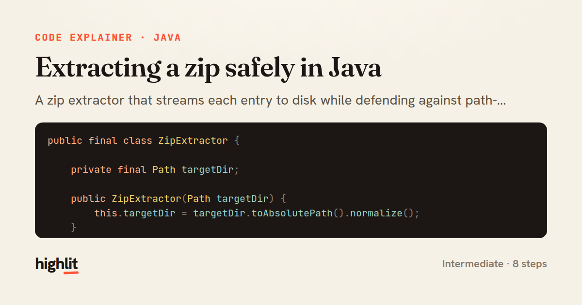 Extracting a zip safely in Java — share card