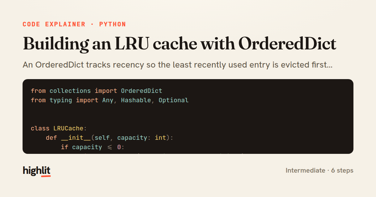 Building an LRU cache with OrderedDict — share card