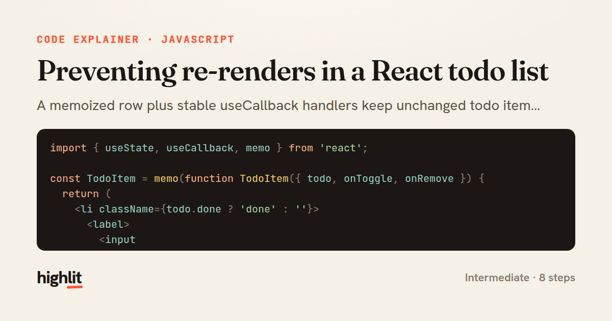 Preventing re-renders in a React todo list — share card