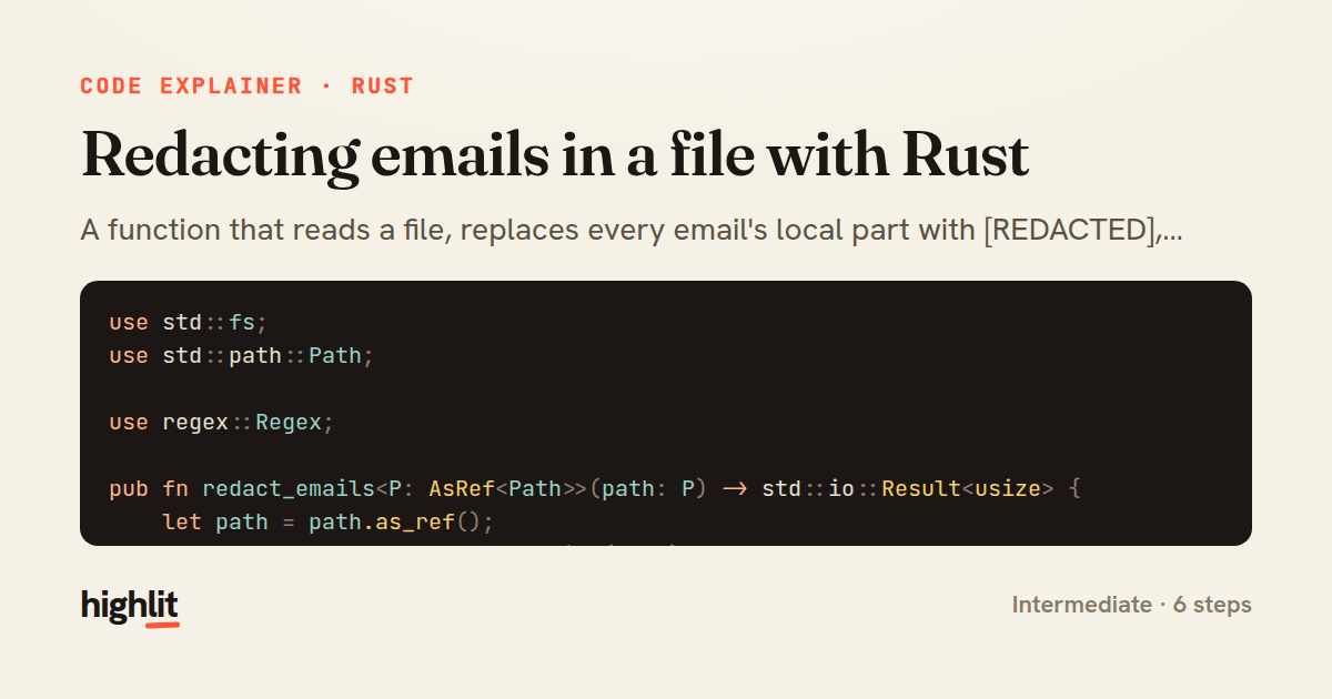 Redacting emails in a file with Rust — share card