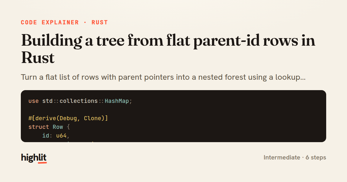 Building a tree from flat parent-id rows in Rust — share card