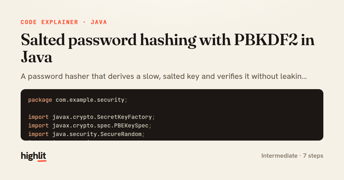 Salted password hashing with PBKDF2 in Java — share card