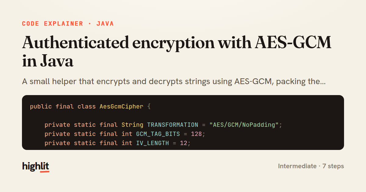 Authenticated encryption with AES-GCM in Java — share card