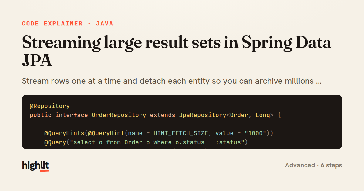 Streaming large result sets in Spring Data JPA — share card