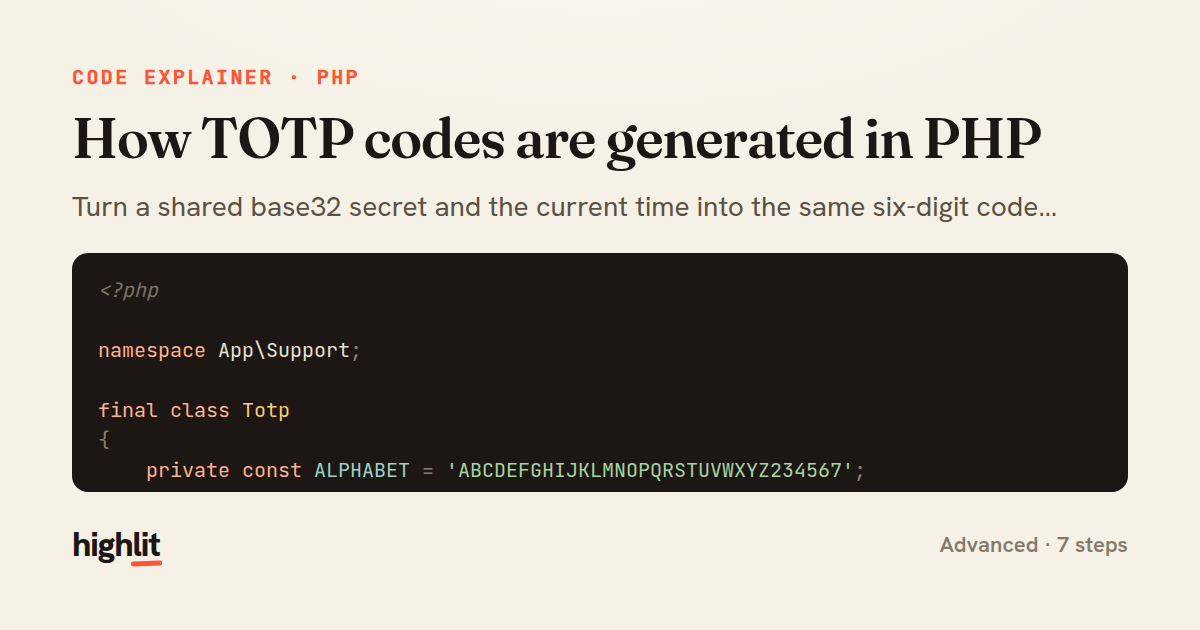 How TOTP codes are generated in PHP — share card