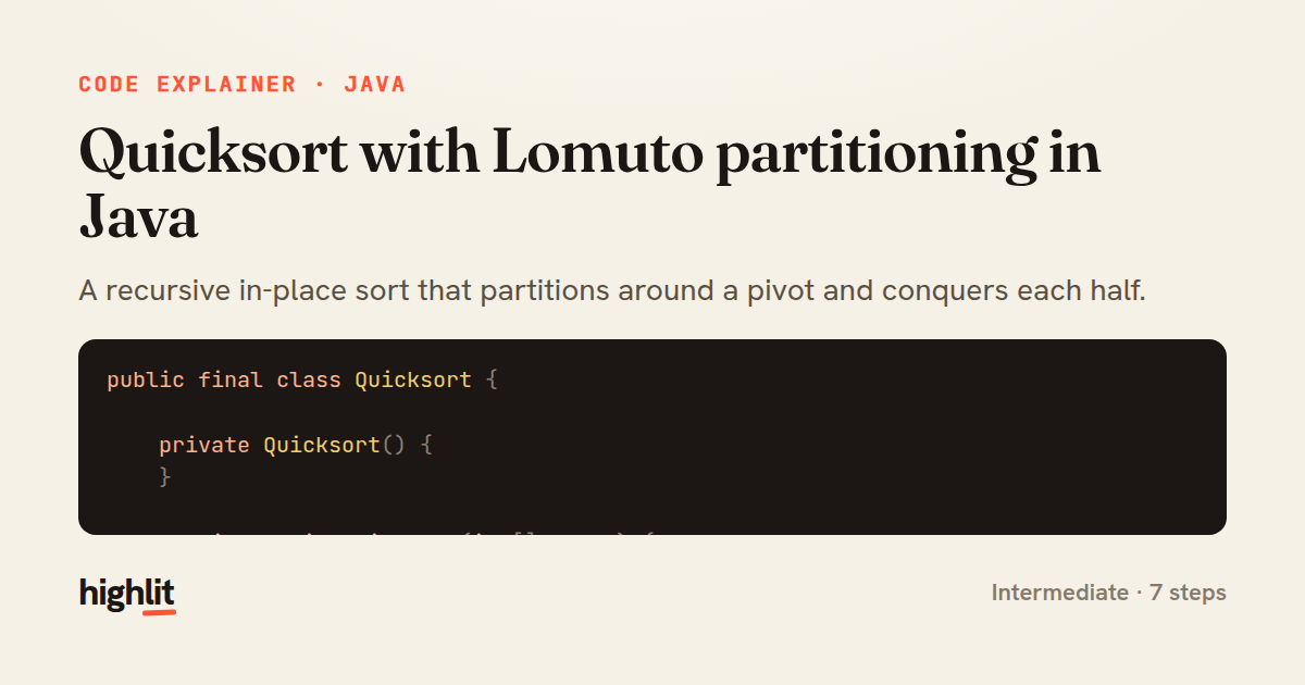 Quicksort with Lomuto partitioning in Java — share card