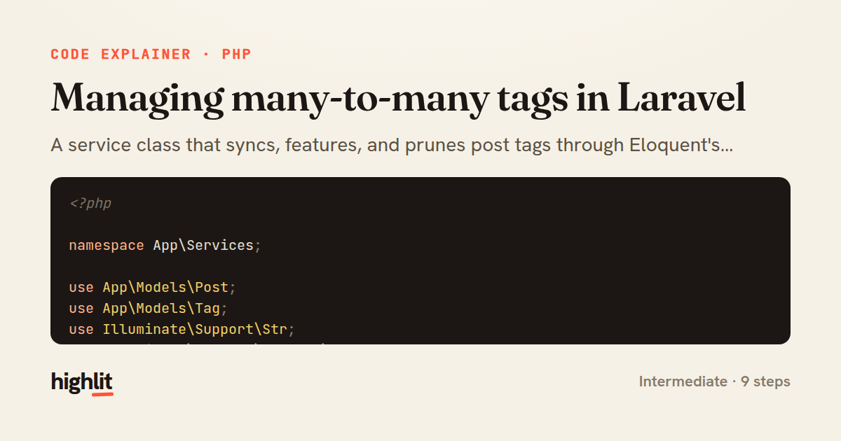 Managing many-to-many tags in Laravel — share card