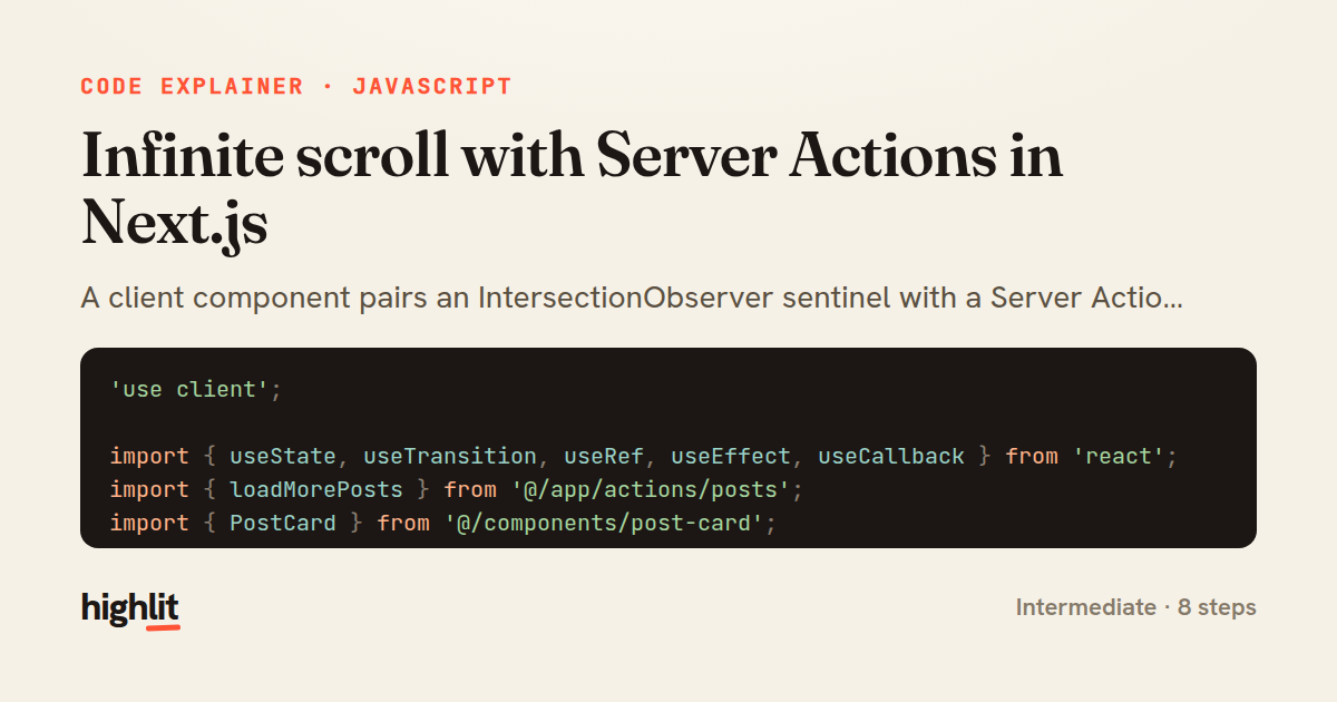 Infinite scroll with Server Actions in Next.js — share card