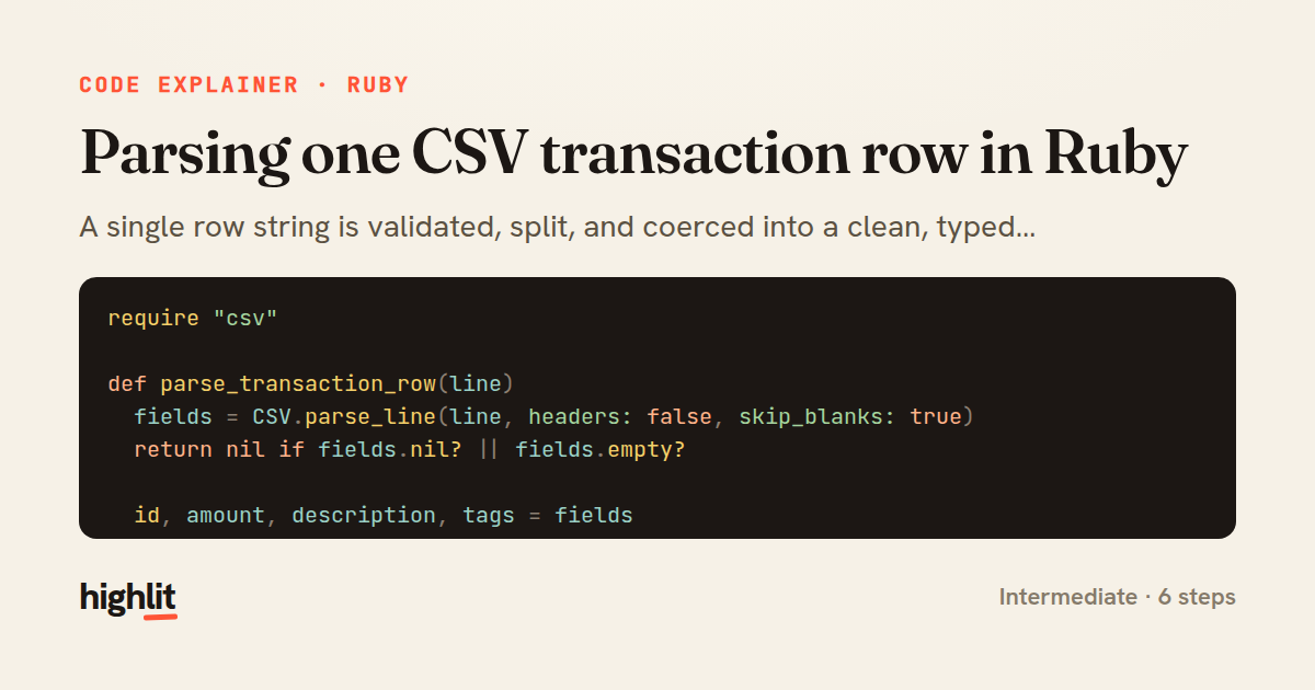Parsing one CSV transaction row in Ruby — share card