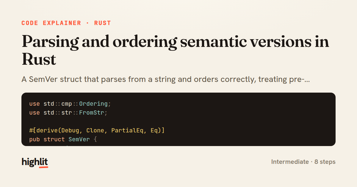 Parsing and ordering semantic versions in Rust — share card