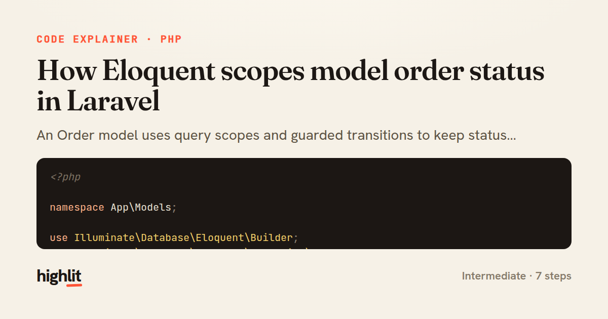 How Eloquent scopes model order status in Laravel — share card