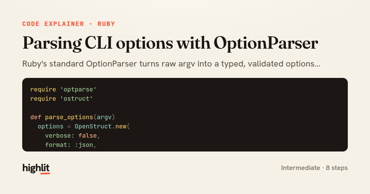 Parsing CLI options with OptionParser — share card