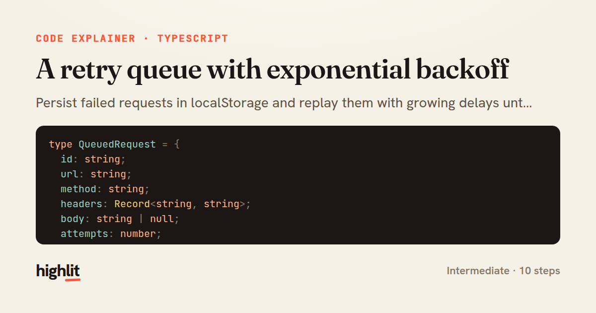 A retry queue with exponential backoff — share card