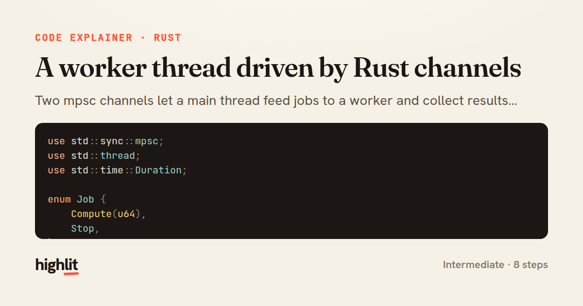 A worker thread driven by Rust channels — share card