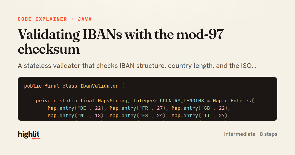 Validating IBANs with the mod-97 checksum — share card