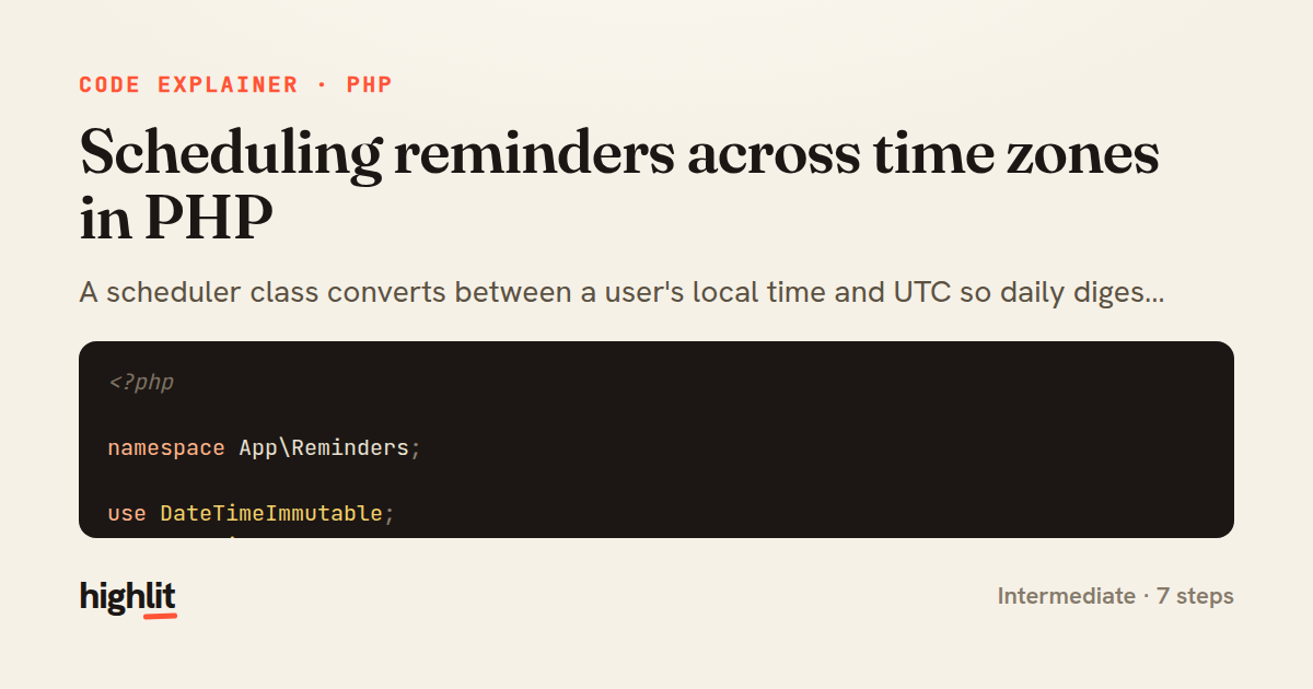 Scheduling reminders across time zones in PHP — share card
