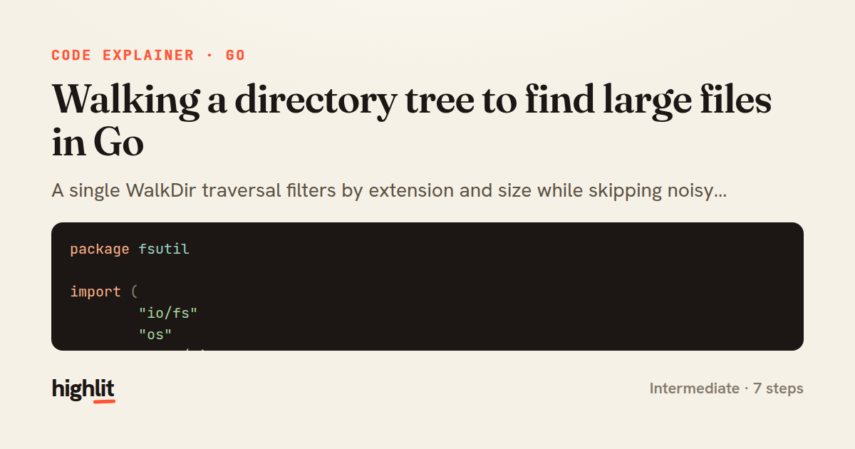 Walking a directory tree to find large files in Go — share card