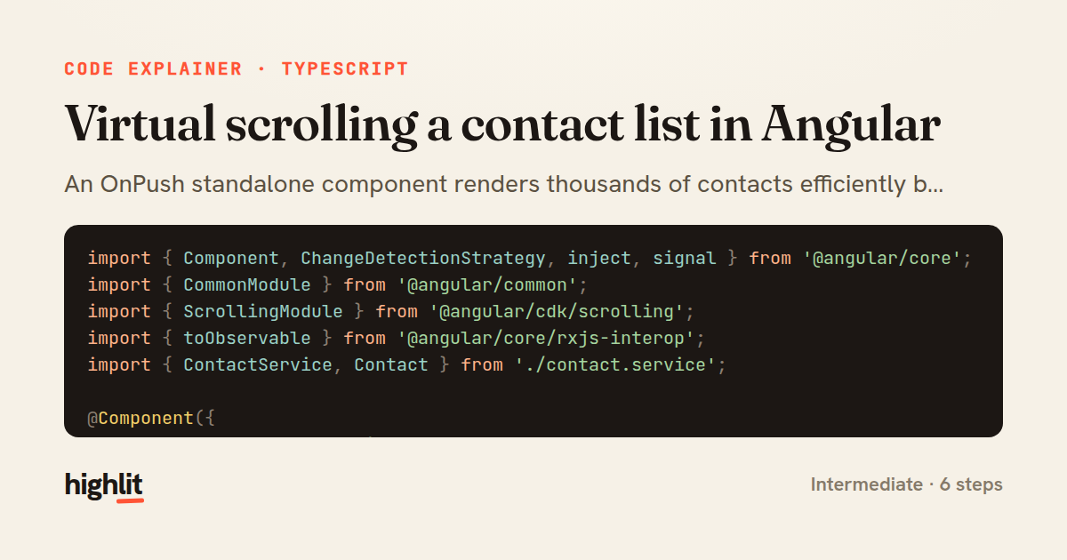 Virtual scrolling a contact list in Angular — share card