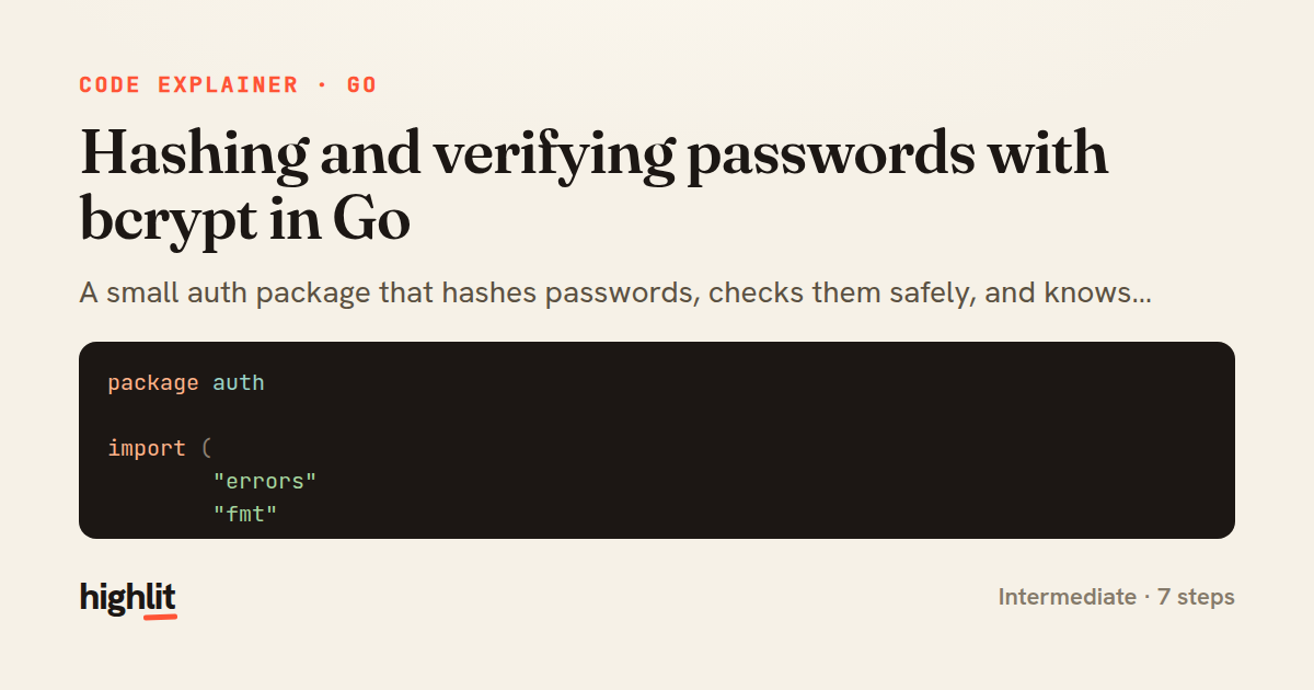Hashing and verifying passwords with bcrypt in Go — share card