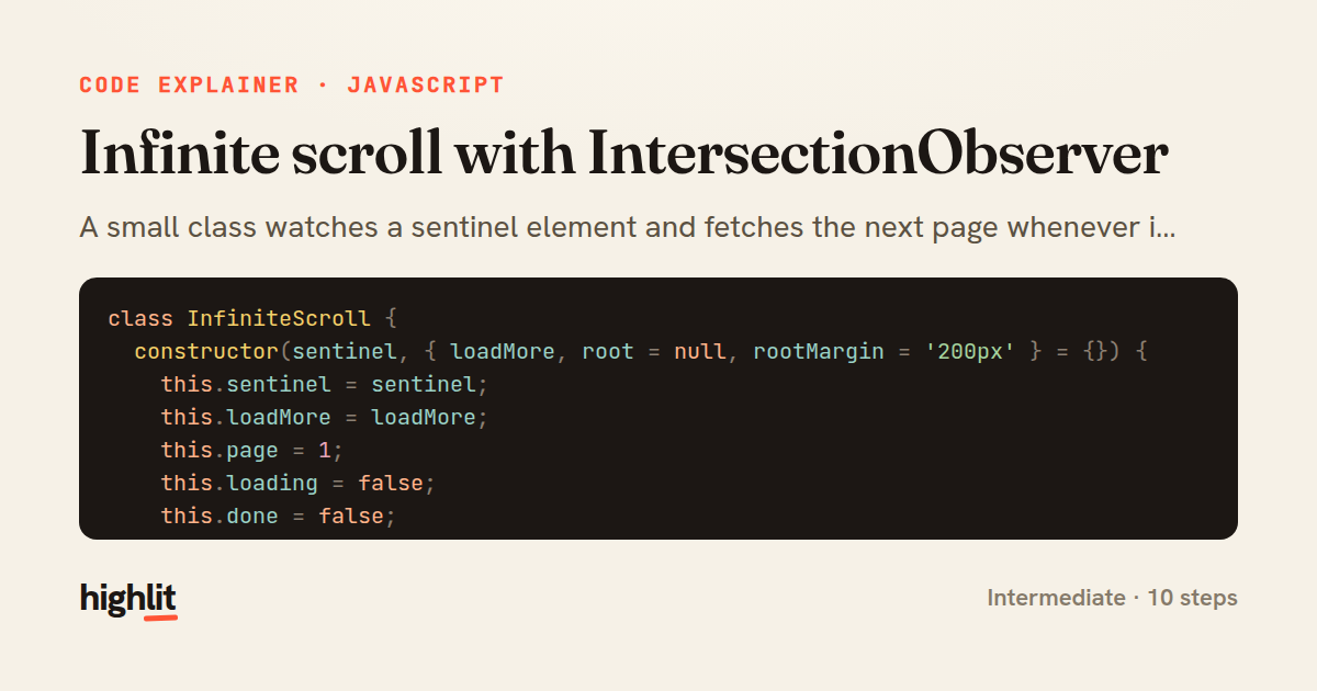 Infinite scroll with IntersectionObserver — share card