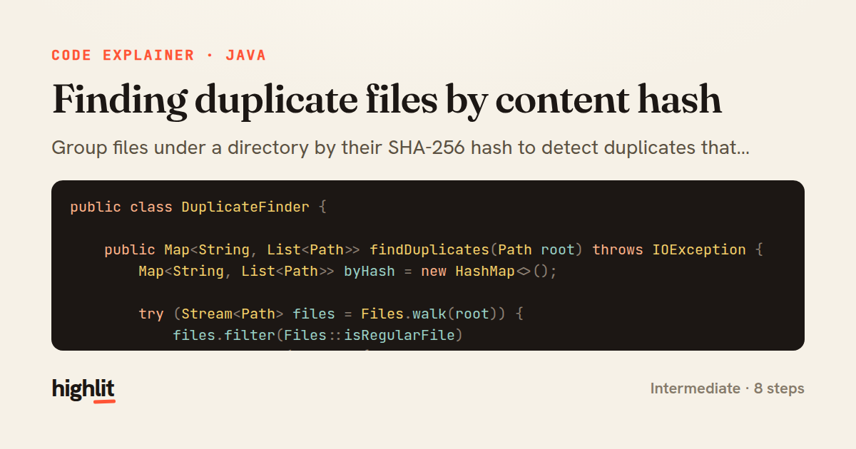 Finding duplicate files by content hash — share card