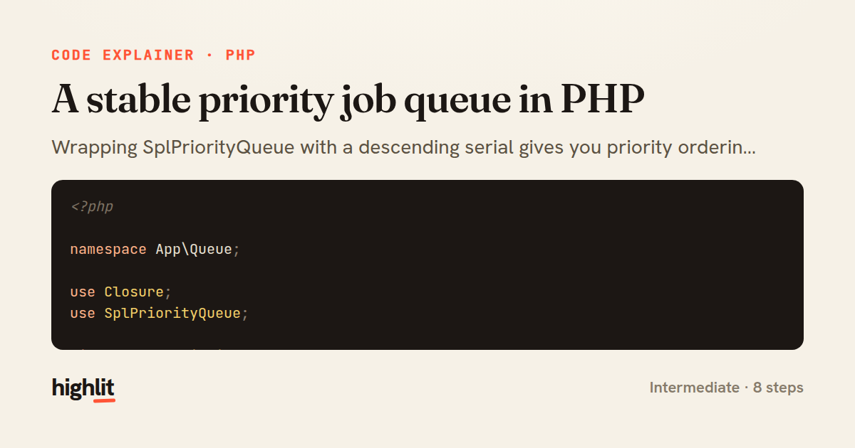 A stable priority job queue in PHP — share card