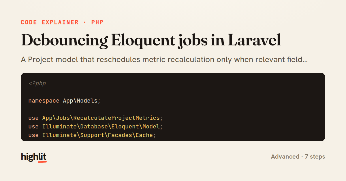 Debouncing Eloquent jobs in Laravel — share card