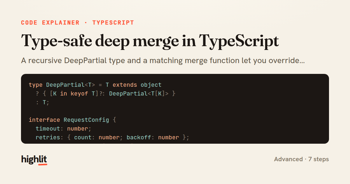 Type-safe deep merge in TypeScript — share card