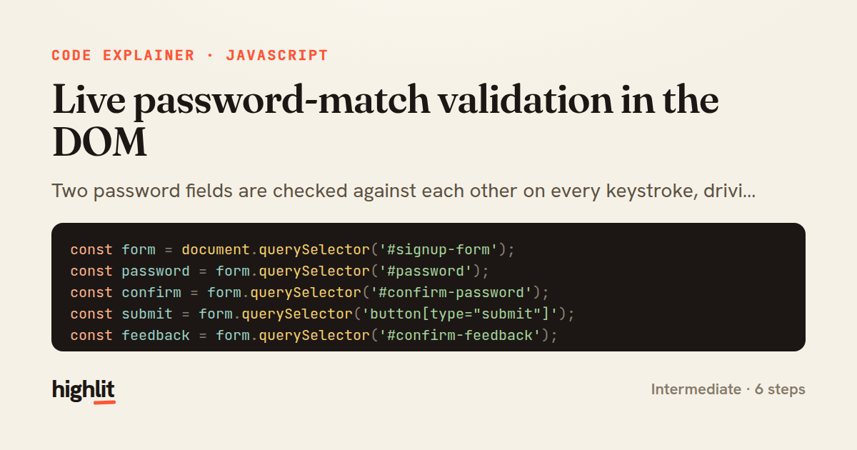 Live password-match validation in the DOM — share card